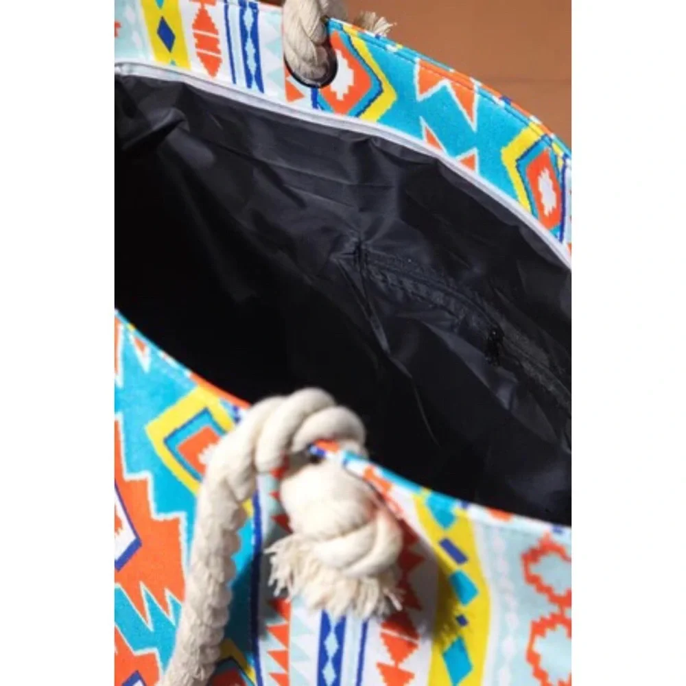 Blue & White Aztec Southwestern Print Rope Handle Tote Bag - Picture 5 of 9